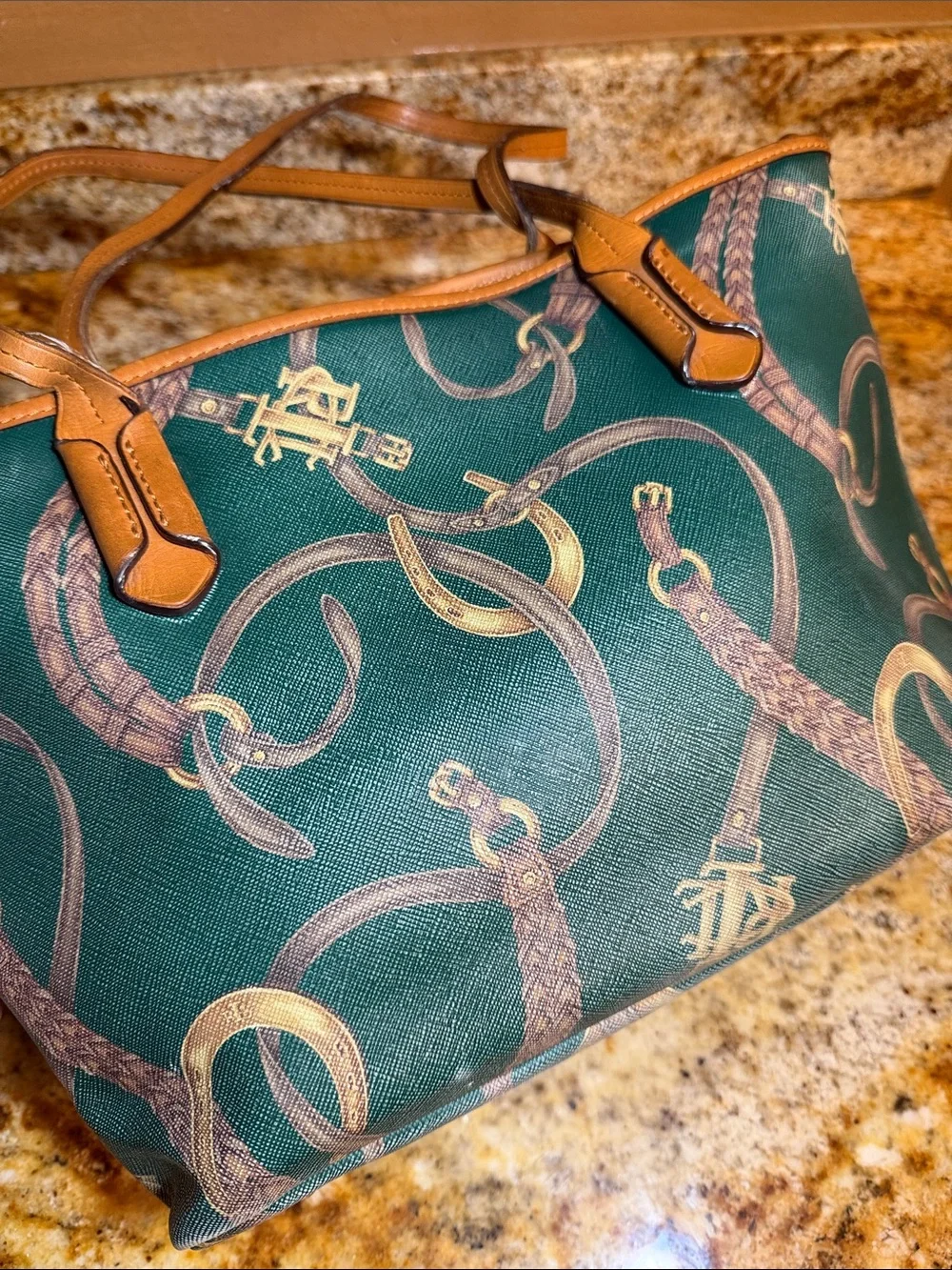 Ralph Lauren Green Printed Tote Bag with Tan Trim